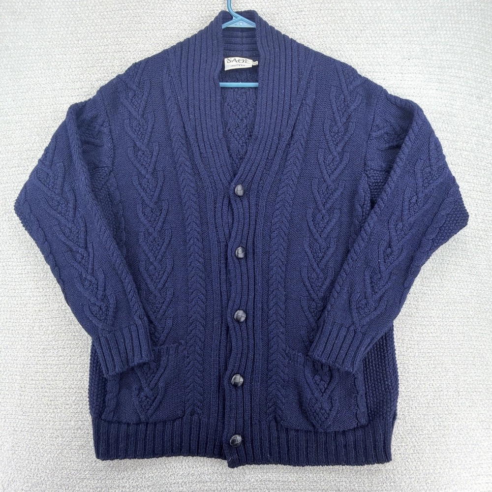 SAOL Ireland Merino Wool Aran Cardigan Sweater Mens L Navy Cable Knit Fisherman